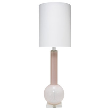 Studio Table Lamp, Leaf Green Glass With Tall Thin Drum Shade, Pink