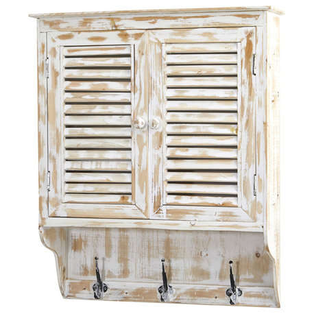 32" White Washed Wall Cabinet with Hooks