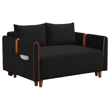 Modern Sleeper Sofa, Velvet Fabric Seat With Golden Accent & Side Pockets, Black