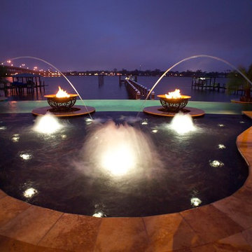 Beach area swim out with fire pits in endless pool