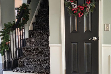 Example of a transitional dark wood floor, brown floor and wainscoting foyer design in Cleveland with green walls