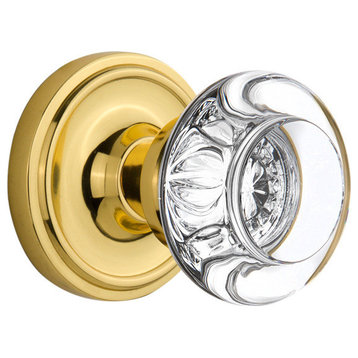 Classic Rosette Privacy Round Clear Crystal Glass Knob, Polished Brass