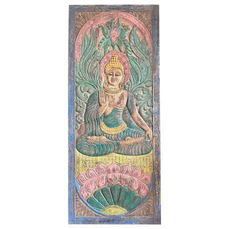 Consigned Vintage Carved wood Door Colorful Buddha Sliding Barn Door Wall Art 83