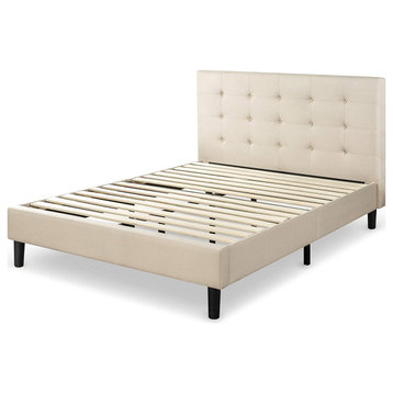 Traditional Platform Bed, Wooden Slats & Button Tufted Polyester Headboard, Full