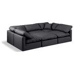 Meridian Furniture - Indulge Upholstered Modular U-Shaped Sectional, Black, 6-Piece: 3 Armless Chair, 2 Corner Chair, 1 Ottoman, Fiber Stuffed Vegan Leather - Experience ultimate comfort and style with our black vegan leather Indulge Sectional. The luxurious vegan leather will elevate the aesthetic of any room. This sofa provides ample space for you to relax while its modular build offers the option of unlimited configurations. Whether you're looking to add a stylish element to your living room or a comfortable seating option to your bedroom, this sofa is the perfect choice.