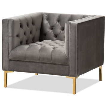 Zanetta Velvet Upholstered Gold Lounge Chair, Gray