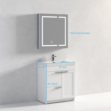 Freestanding Bathroom Vanity With Top Mount Sink, White, 30'' Acrylic Sink