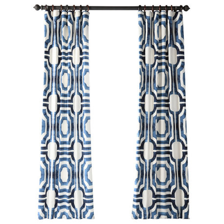 Mecca Printed Cotton Curtain Single Panel, Blue, 50"x84"