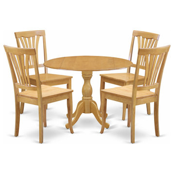 5 Pc Dining Set, Dropleaf Table, 4 Oak Wooden Chairs, Slatted Back, Oak Finish