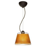 Besa Lighting - Besa Lighting 1KX-PIC9GD-BR Pica 9 - One Light Cord Pendant with Flat Canopy - Pica 9 is a compact tapered glass with a broad top and a radiused return at the bottom, its retro styling will gracefully blend into today's environments. The Blue Sand d�cor begins with a clear blown glass, with glossy outer finish. We then, using a handcrafting technique, carefully apply a band of actual fine-grained sand to the inner surface of the glass, where white color is fully saturated into the coating for a bold statement. A final clear protective coating is applied to seal and preserve the accent material. The result is a beautifully textured work of art, comfortable with the irony of sand being applied to a glass that ordinates from sand. When illuminated, the colors shimmers through the noticeable refractions created by every granule, as the sand patterning is obvious and pleasing. The cord pendant fixture is equipped with a 10' SVT cordset and an low profile flat monopoint canopy. These stylish and functional luminaries are offered in a beautiful brushed Bronze finish.  No. of Rods: 4  Canopy Included: TRUE  Shade Included: TRUE  Canopy Diameter: 5 x 0.63< Rod Length(s): 18.00Pica 9 One Light Cord Pendant with Flat Canopy Bronze Gold Sand GlassUL: Suitable for damp locations, *Energy Star Qualified: n/a  *ADA Certified: n/a  *Number of Lights: Lamp: 1-*Wattage:75w A19 Medium base bulb(s) *Bulb Included:No *Bulb Type:A19 Medium base *Finish Type:Bronze