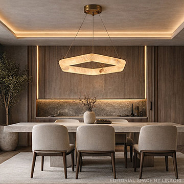 Alabaster Geometric Ring Pendant – Backlit Wood Panel Dining Room
