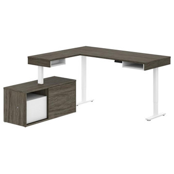 Bestar Pro-Vega L Shaped Adjustable Standing Desk with Credenza in Walnut Gray