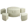 White Faux Leather Tufted Top Cocktail Coffee Table 5 PC Round Ottoman Set