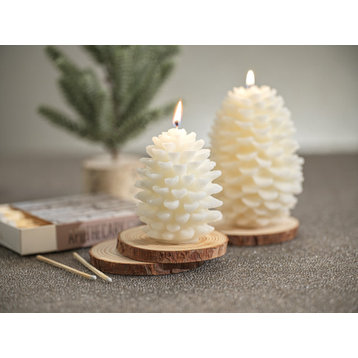Siberian Fir 3" x 4" Scented Pine Cone White Candles, Set of 4