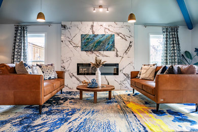 Living room - huge modern open concept vinyl floor, gray floor and exposed beam living room idea in Dallas with gray walls, a hanging fireplace, a tile fireplace and no tv