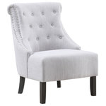 OSP Home Furnishings - Evelyn Tufted Chair, Fog Fabric With Gray Wash Legs - Our elegant slipper chair with contemporary profile, provides cozy comfort with its easy-care polyester linen upholstery and elegant scrolled backrest. Nailhead trim adds a tailored charm, while the deep seat offers a comfortable place to read or just relax. Place a pair together to create a thoughtful reading nook. Express your style by adding this accent chair to your living room ensemble. Durable wood frame construction will insure your chair will look beautiful for years.
