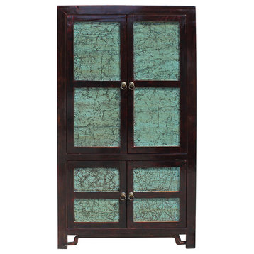 Chinese Distressed Turquoise Brown Large Armoire Wardrobe Cabinet cs2708