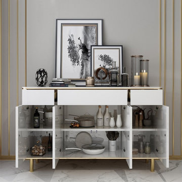 $1,119.99 White Sideboard Buffet with Marble Top 4 Doors & 3 Drawers Gold Cabine