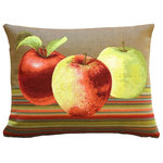 Pillow Decor Ltd. - Pillow Decor - Fresh Apples on Brown Rectangular Throw Pillow - This colorful rectangular tapestry pillow features three crisp apples against a light brown background. Foreground stripes in warm orange, red, olive green and deep teal, give this pillow an Autumn feel. A great accent in a kitchen nook, or family room.