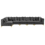 Meridian Furniture - Tremblay Modular Sectional, Grey, L-Shaped, 6-Piece: Armless (4), Corner (2) - Lean back and relax on this Tremblay sectional. Featuring soft grey velvet upholstery with deep button tufting, this sectional adds a bold touch to any living space. A complete set of gold and chrome legs are included, so you can change it up to suit your home decor. This sectional is modular, so you can create infinite configurations with it, which are easily attached using the latch underneath the frame. Its contemporary design is perfect for the modern home.