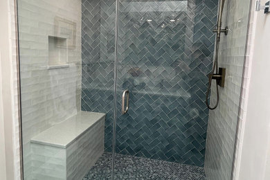 Example of a small beach style blue tile and subway tile ceramic tile, blue floor, double-sink and vaulted ceiling shower bench design in Boston with shaker cabinets, blue cabinets, a two-piece toilet, gray walls, an undermount sink, quartz countertops, white countertops and a built-in vanity