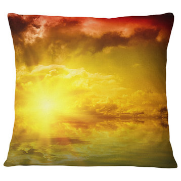 Red Dramatic Sky with Yellow Sun Landscape Printed Throw Pillow, 18"x18"