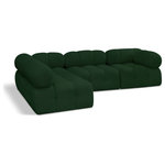 Meridian Furniture - Ames Boucle Fabric L-Shaped Modular Sectional, Green, 4-Piece: 2 Armless Chair, 2 Corner Chair - Introduce a touch of modern sophistication to your living area with the exquisite Ames Boucle Fabric Sectional. With plush green boucle fabric and unique design, it will elevate the visual appeal of your living space. This elegant and captivating sectional can be mixed and matched with other pieces from the collection to create an endless array of stunning looks. So, get ready to transform your living area into an inviting and stylish haven with the Ames Boucle Fabric Sectional.