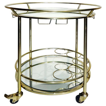 Two Tier 27"h Round Rolling Bar Cart, Gold