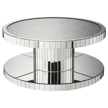 Contemporary Coffee Table, Mirrored Pedestal Base With Round Top and Faux Stones