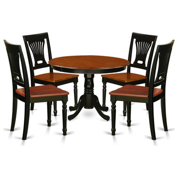 5 Pc Set, Round Small Table And 4 Wood Dinette Chairs In Black And Cherry