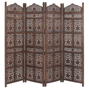 Classic 4 Panels Room Divider, Wood Frame With Cut Out Medallion Motif, Brown