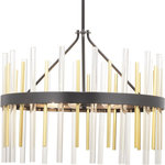 Progress Lighting - Orrizo Collection Six-Light Chandelier - Suitable for sleek and sophisticated interiors, the Orrizo Collection's six-light chandelier presents an artful arrangement of clear glass and golden metal rods that adorn a Black band. Geometric and artisan design influences complement both Modern and Luxe settings. Common applications for these statement-making fixtures include dining rooms and bedrooms and foyers.