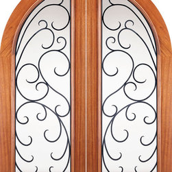 Round Top Mahogany Full Lite Double Prehung Doors Forged Iron - Front Doors