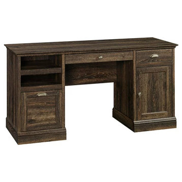 Rustic Desk, Spacious Crown Molded Top With Full Extension File Drawer, Iron Oak