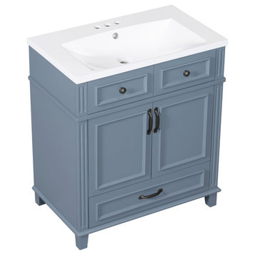30 inches Freestanding Bath Vanity Set, Blue, Integrated Resin Sink