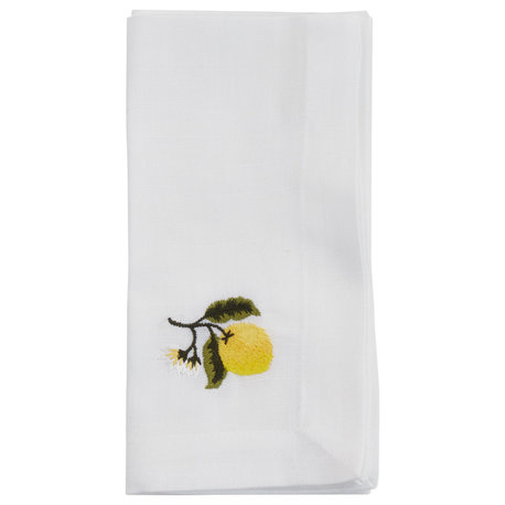 EmbroideredTable Napkins With Lemon Design (Set of 4), White, 20"x20"