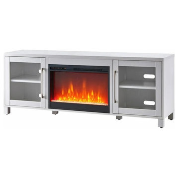 Modern TV Console, Elegant Design With Glass Doors and Fireplace, White