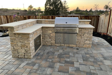 This is an example of a small contemporary full sun backyard brick and wood fence landscaping in Other.