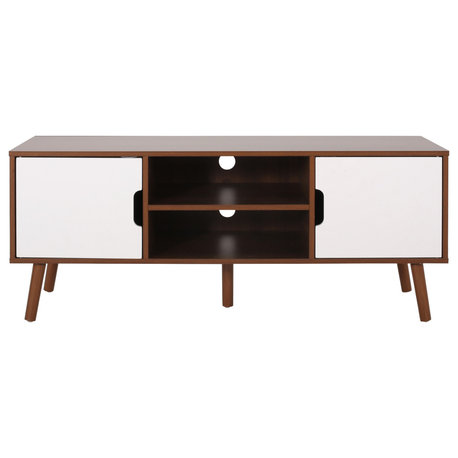 Concordia Mid-Century Modern TV Stand, 2 Doors and 2 Shelves, Walnut/White