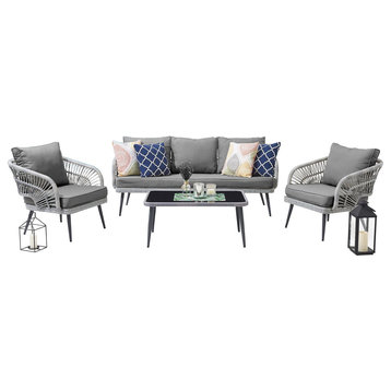 Manhattan Comfort Riviera Rope Wicker 4-Piece 5 Seater Patio Set, Gray