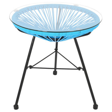 Norfolk Outdoor Faux Rattan Side Table With Tempered Glass Top, Blue/Black
