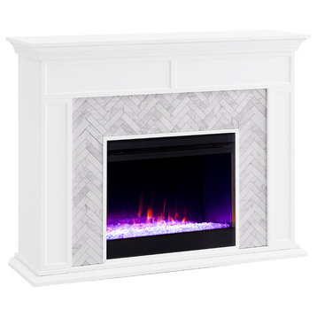 Torron Color Changing Marble Tiled Fireplace, White