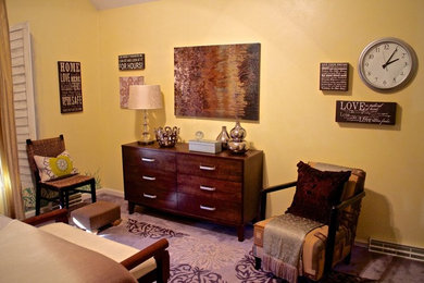 Mid-sized elegant master carpeted and gray floor bedroom photo in Boston with yellow walls