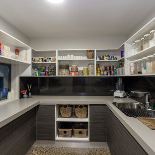 Contemporary kitchen pantry appliance - Inspiration for a contemporary concrete floor kitchen pantry remodel in Geelong with a single-bowl sink, quartz countertops, stainless steel appliances and no island