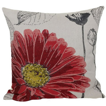 Flower Emboridery Collection with Feather Filled Pillow, Red, 18"x18"