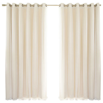 2 Piece Mix and Match Wide Tulle Sheer Lace Blackout Curtain Set, Beige