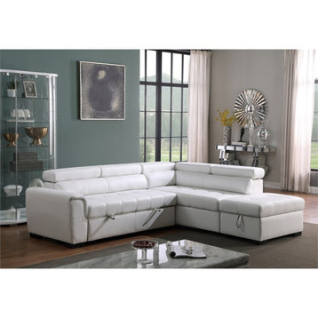 Infini Right Sided Faux Leather Sleeper Sofa with Storage Ottoman in White