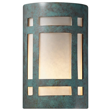 Ambiance Small Craftsman Open Top/Bottom Sconce, Verde Patina, White, LED
