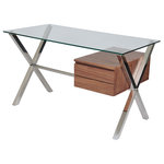 Pangea Home - Ella Desk, Walnut - Ultra modern desk with two pull out drawers, tempered glass and high polished metal  X-legs. Very modern and edgy. Minor assembly is required.