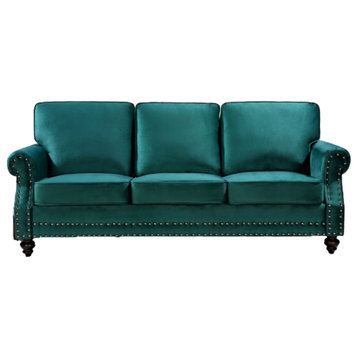 Traditional Sofa, Velvet Seat & Rolled Arms With Nailhead Accents, Green